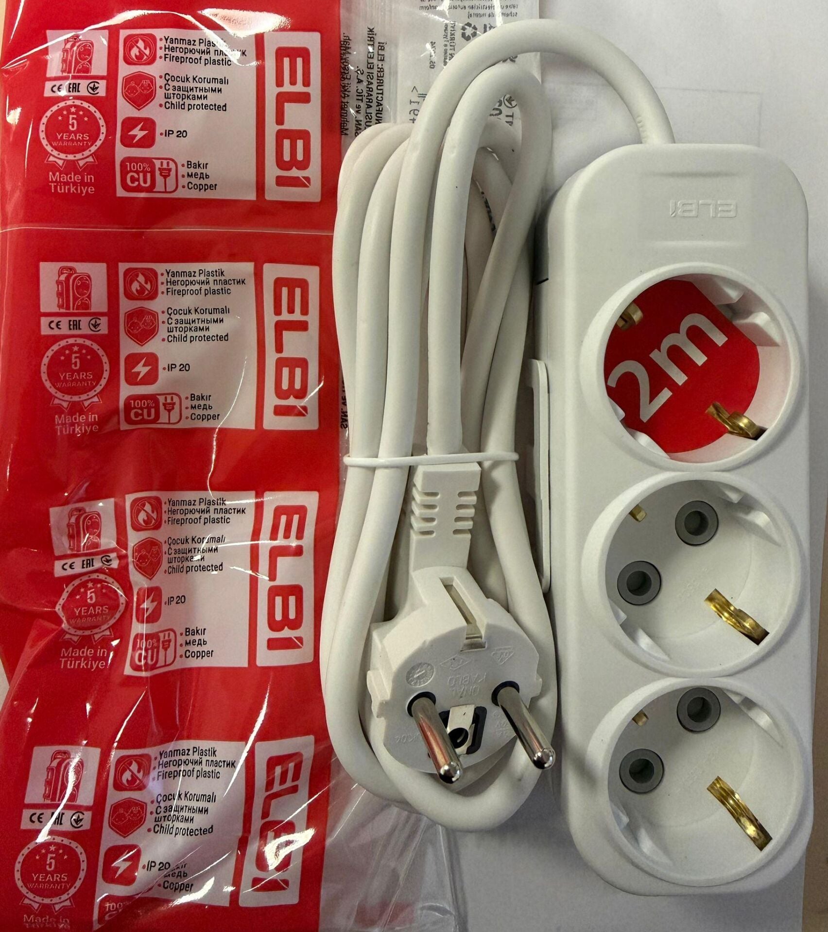 ELBİ 3 LÜ 2 METRE 3X1 ÇOCUK KORUMALI KABLOLU PRİZ