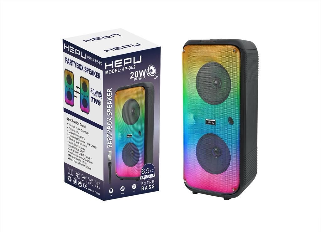 HEPU HP-952 2X6.5'' KABLOSUZ 1 EL MİKROFON BLUETOOTH USB ŞARJLI RGB IŞIKLI MÜZİK KUTUSU