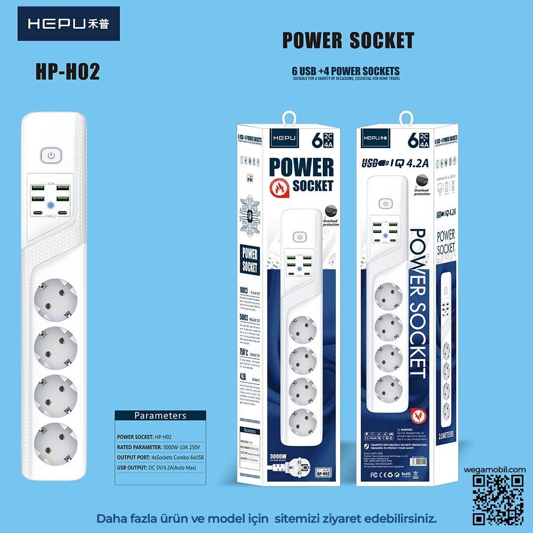 HEPU HP-H02 4'LÜ 2MT 4USB-A 2Type-C HIZLI ŞARJLI AKIM KORUMALI PRİZ