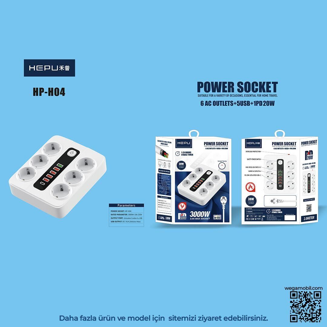 HEPU HP-H04 6'LI 2MT 5USB-A 1Type-C HIZLI ŞARJLI AKIM KORUMALI PRİZ