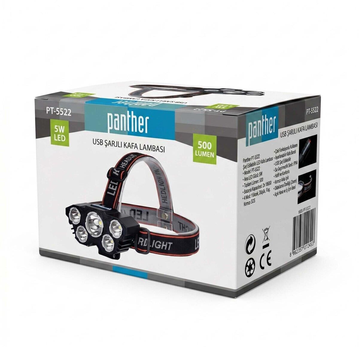PANTHER PT-5522 USB ŞARJLI KAFA LAMBASI 18650 PİLLİ