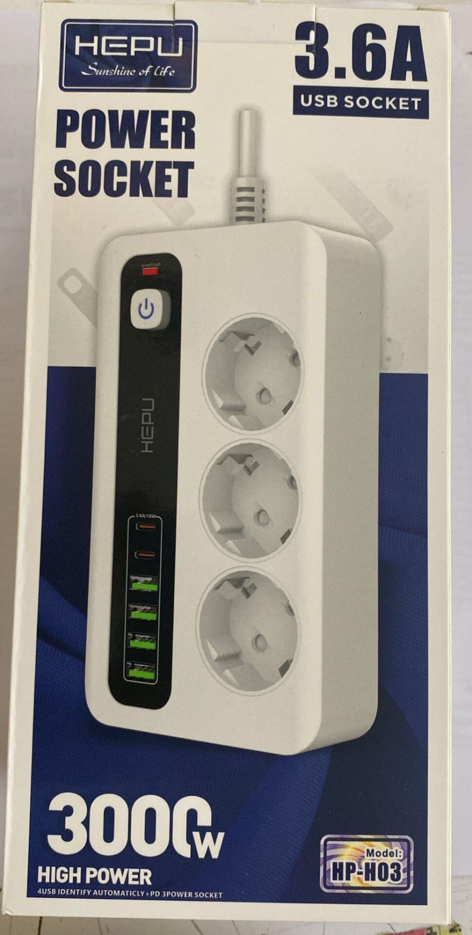 HEPU HP-H03 3'LÜ 2MT 6USB - 4Usb + 2Type-C Çıkış 18Watt Akım Korumalı Topraklı Priz