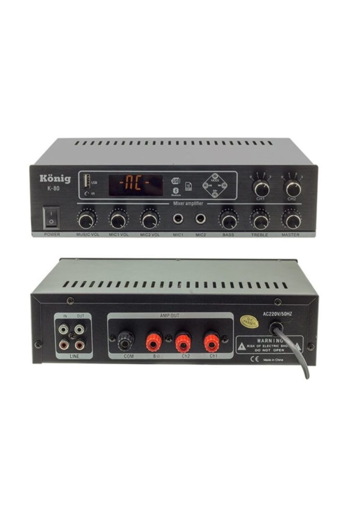 KÖNİG K-80-USB+BT 2 MİKROFON+AUX GİRİŞLİ BAS TİZ 80 WATT 2 ZONLU TRAFOLU ANFİ