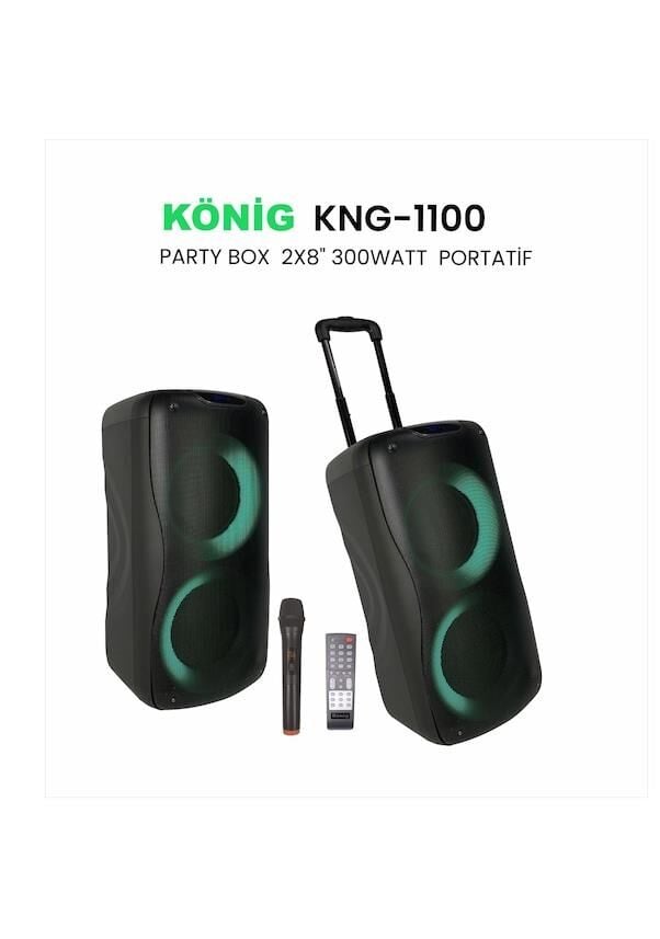KÖNİG KNG-1100 2X20 CM 300 WATT UHF KABLOSUZ EL MİKROFONLU ŞARJLI AKTİF KABİN HOPARLÖR