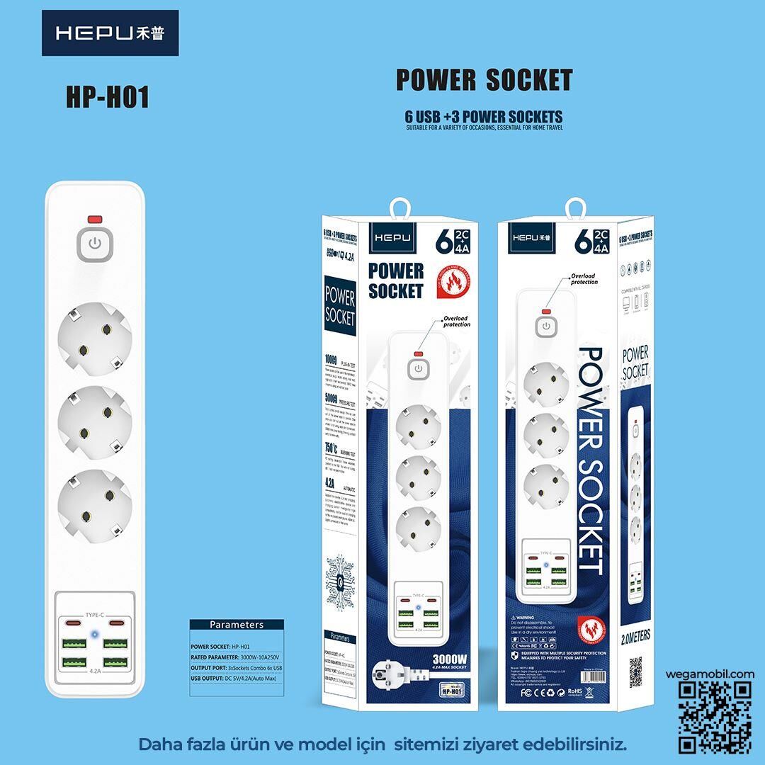 HEPU HP-H01 3'LÜ 2MT 4USB-A 2Type-C HIZLI ŞARJLI AKIM KORUMALI PRİZ
