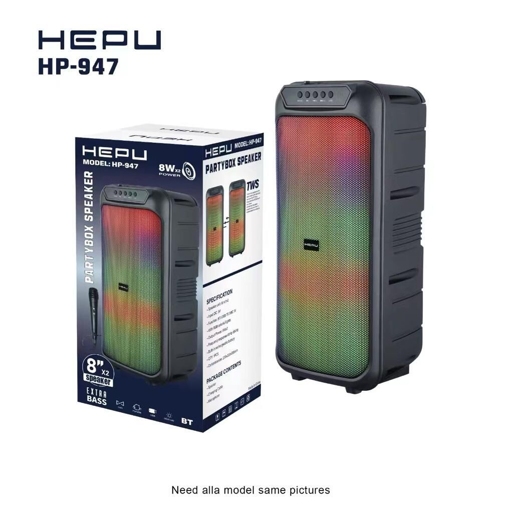 HEPU HP-947 2X8'' KABLOLU 1 EL MİKROFON BLUETOOTH USB ŞARJLI RGB IŞIKLI MÜZİK KUTUSU