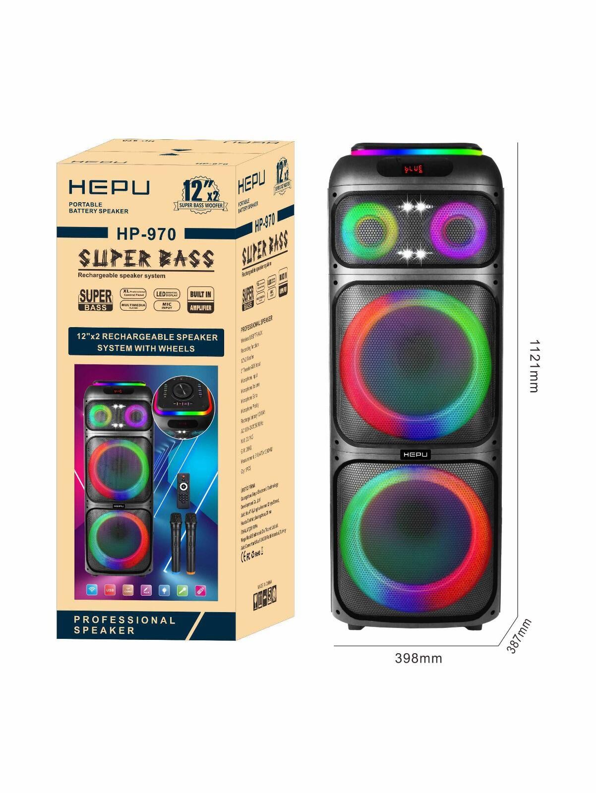 HEPU HP-970 2X12'' 2X30CM KABLOSUZ  2 EL MİKROFON BLUETOOTH ŞARJLI MÜZİK KUTUSU