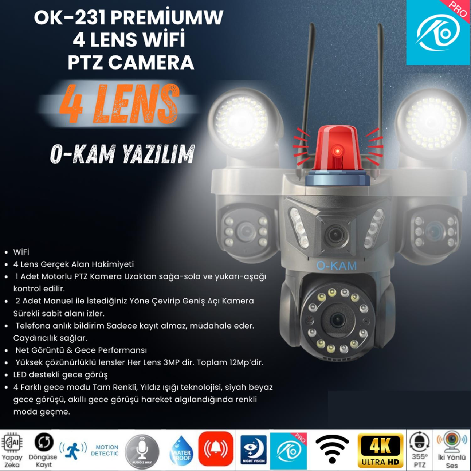 O-KAM OK-231 Premium Wifi 4 LENS Mikrofon + Hoparlör + Siren + ÇAKAR + Alarm Kamera