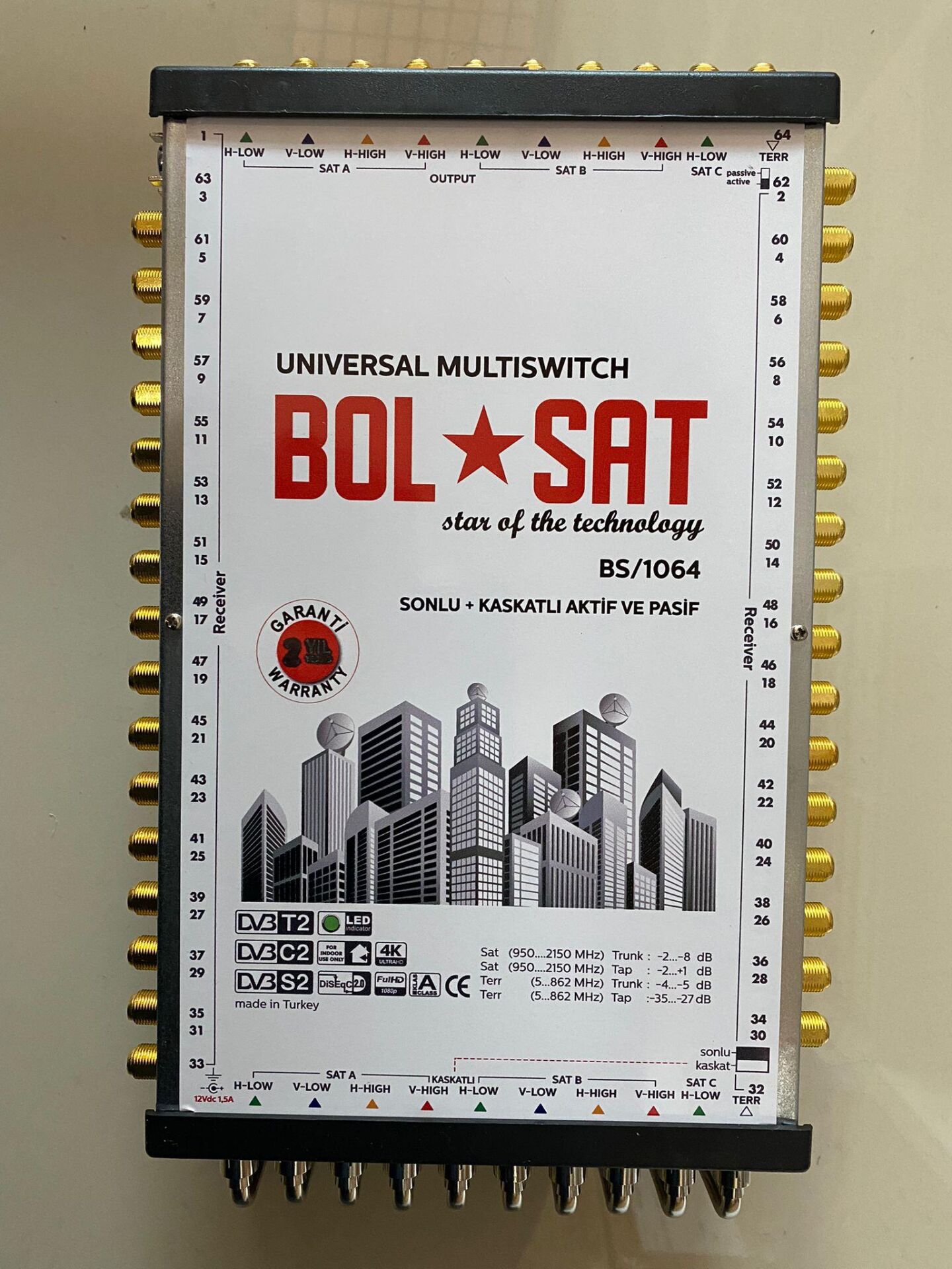 BOLSAT BS-10/64 AKTİF+PASİF SONLU+KASKATLI HYBRID UYDU SANTRALİ ADAPTÖR DAHİL