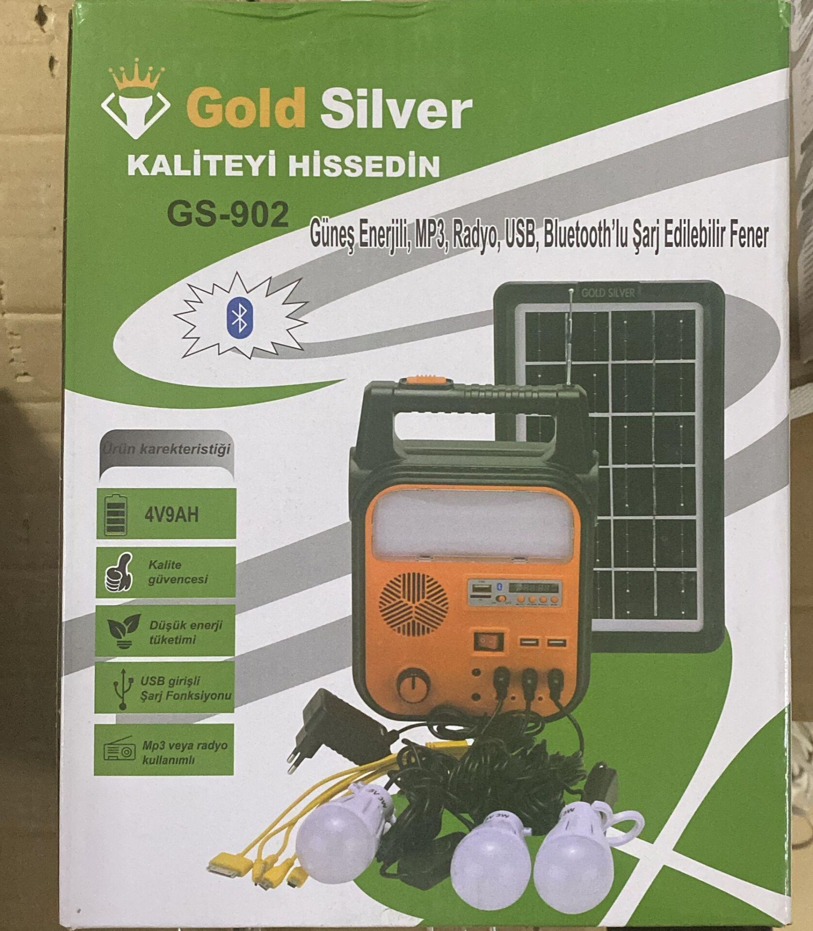 GOLDSILVER GS-902P GÜNEŞ PANELLİ USB+RADYO+3 ADET LED AMPULLU  ŞARJLI KAMP FENER SETİ