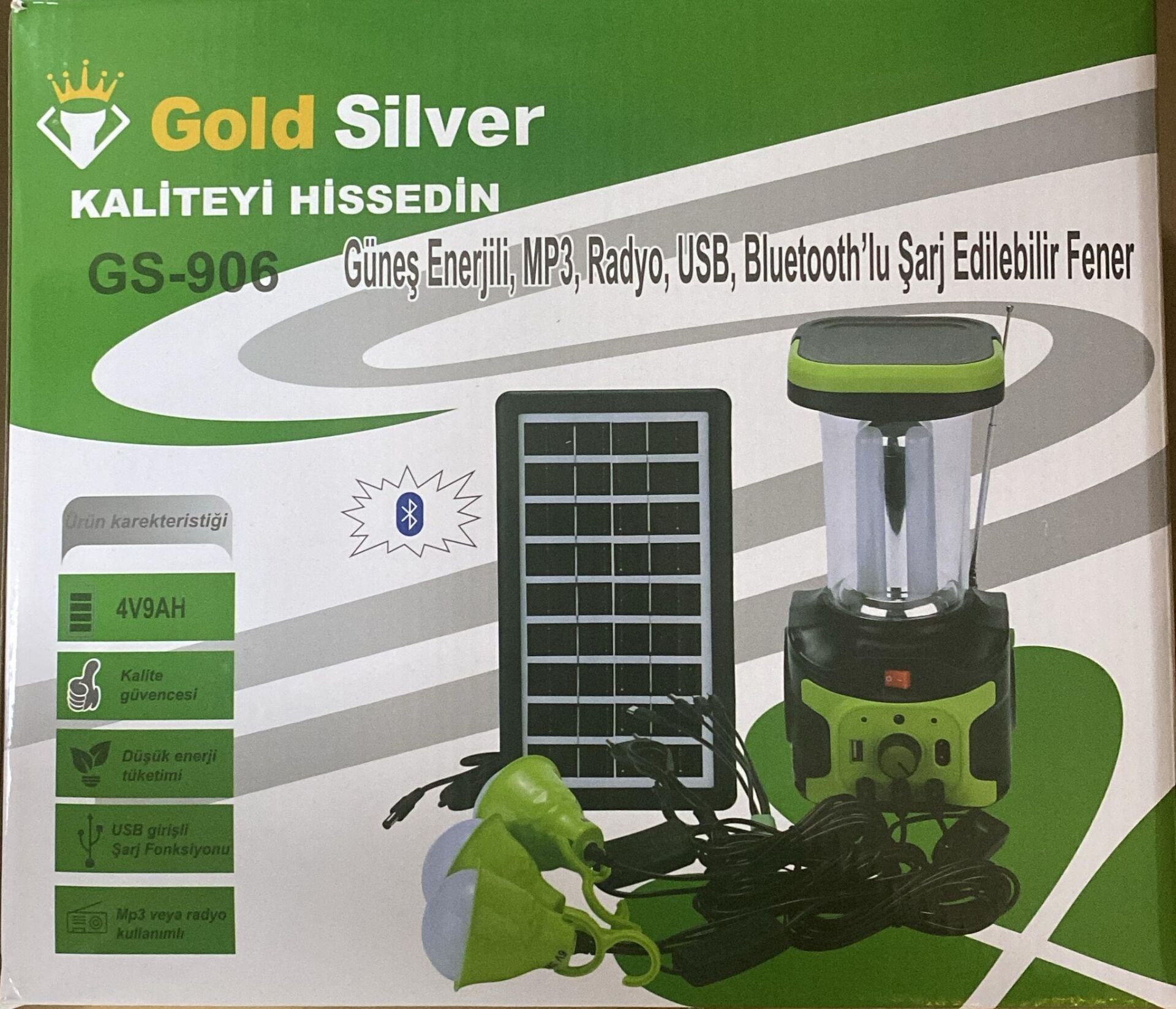 GOLDSILVER GS-906 GÜNEŞ PANELLİ USB-BT-RADYO-3 ADET LED AMPULLU  ŞARJLI KAMP FENER SETİ