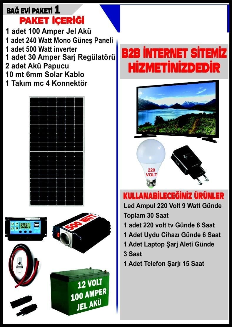 SOLAR BAĞ EVİ PAKETİ 1-240WATT PANEL - 100 AMPER JEL AKÜ - 500WATT İNVERTER