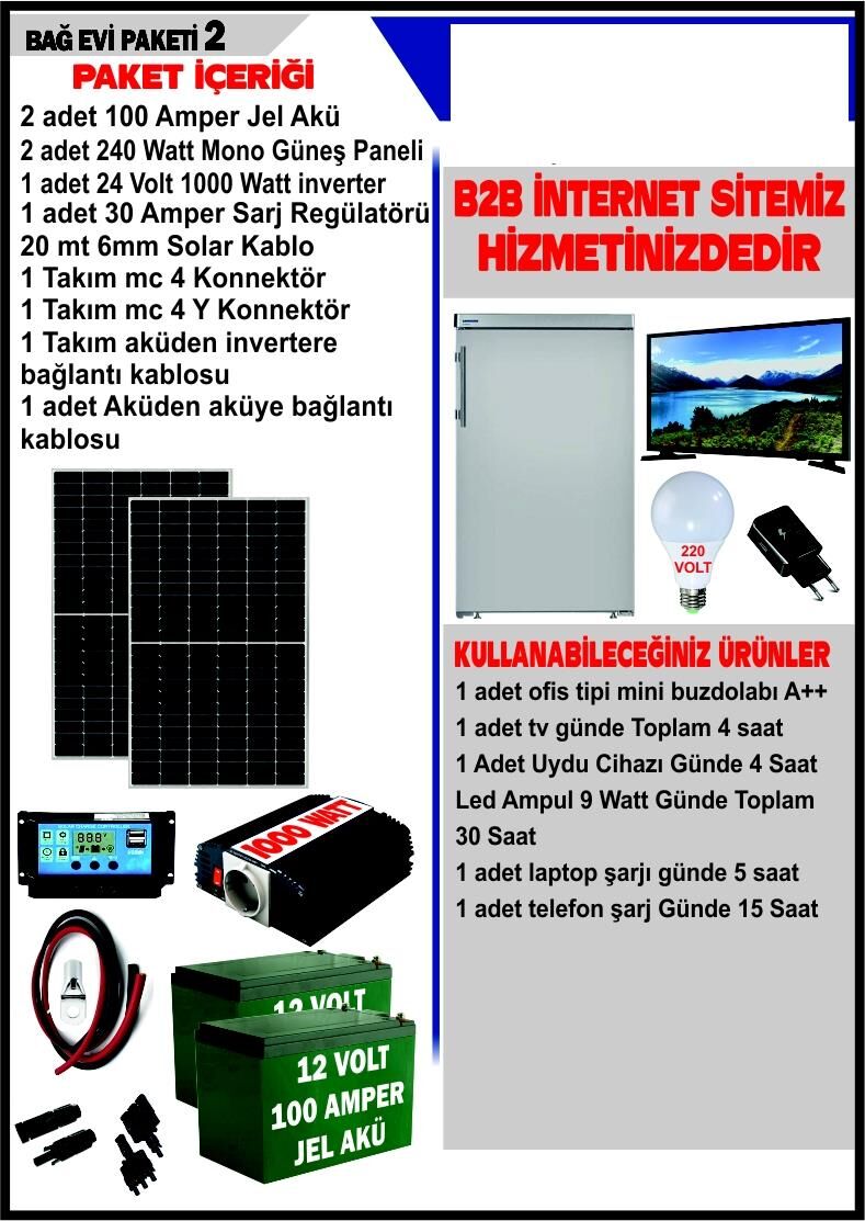 SOLAR BAĞ EVİ PAKETİ 2- 480 WATT PANEL - 200 AMPER JEL AKÜ - 1500WATT İNVERTER