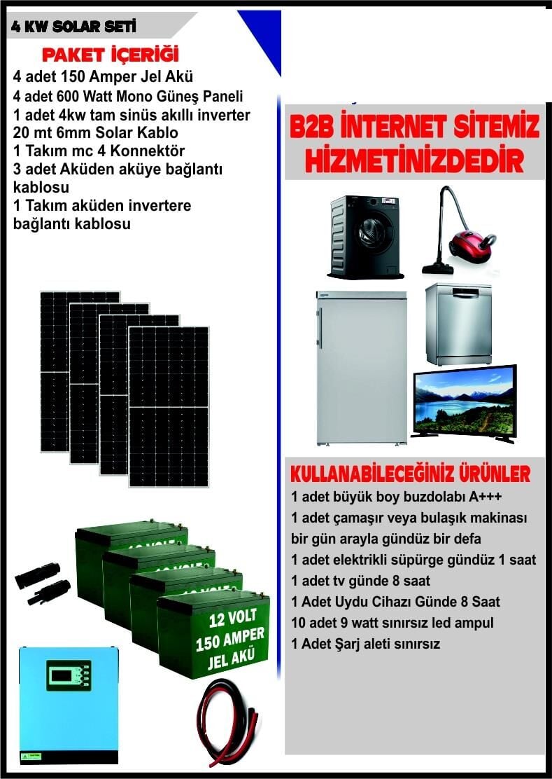 SOLAR 4.2 KW SET- 2440WATT PANEL - 600 AMPER JEL AKÜ - 4.2 KW  AKILLI TAM SİNÜS İNVERTER
