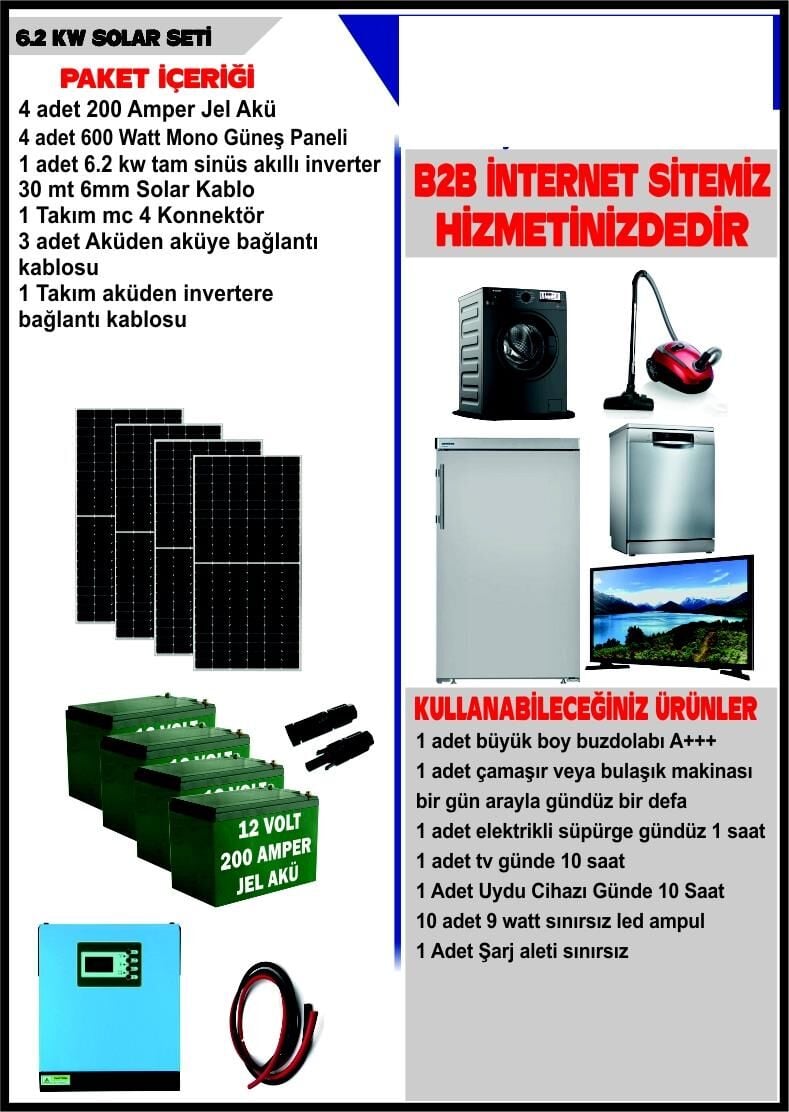 SOLAR 6.2 KW SET- 2440WATT PANEL - 800 AMPER JEL AKÜ - 6.2 KW TAM SİNÜS AKILLI İNVERTER