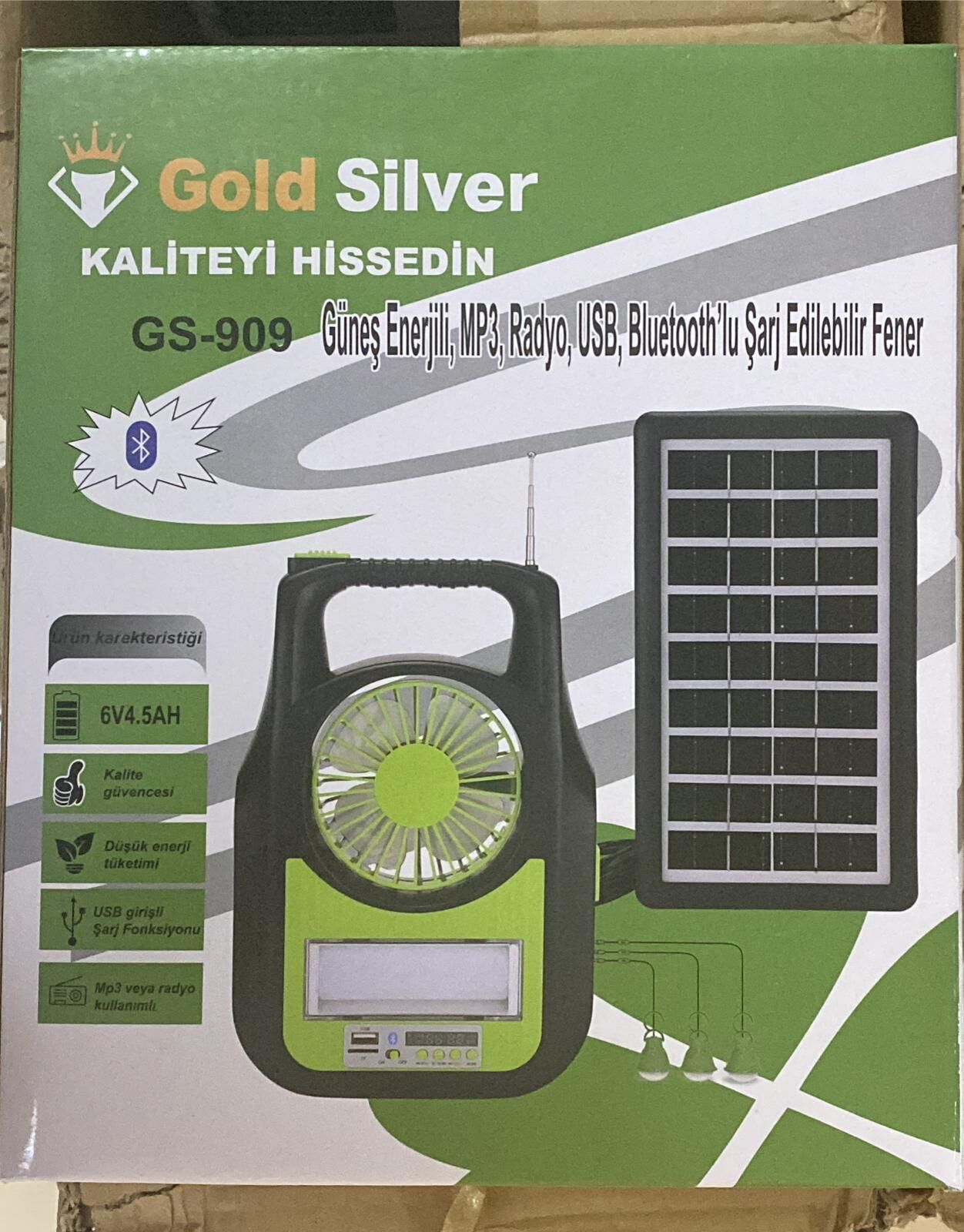 GOLDSILVER GS-909 GÜNEŞ PANELLİ FANLI USB-BT-RADYO-3 ADET LED AMPULLU  ŞARJLI KAMP FENERİ