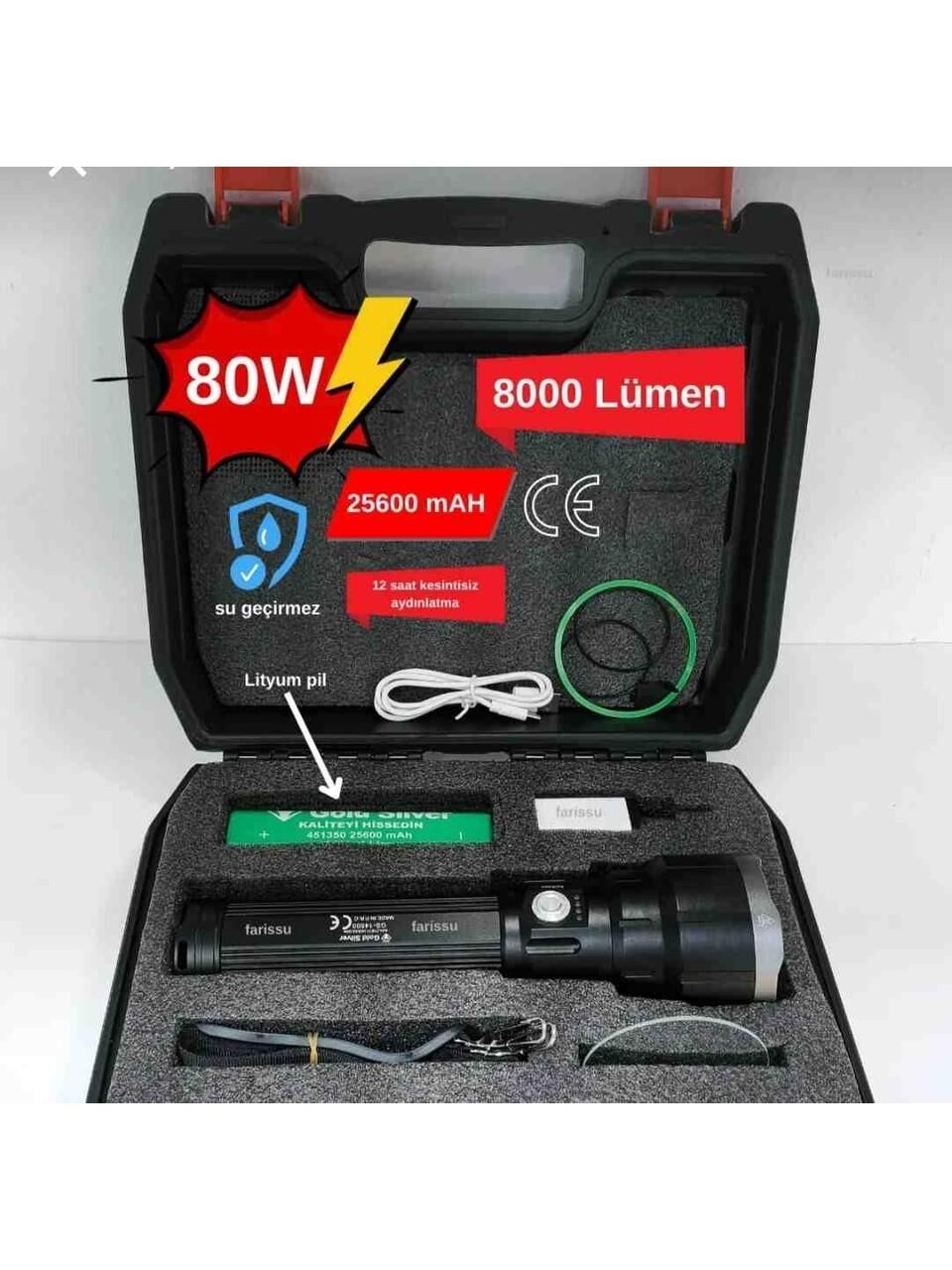 GOLDSILVER GS-14500 80 WATT 8000 LÜMEN 25600 MA PİL  ŞARJLI EL FENERİ