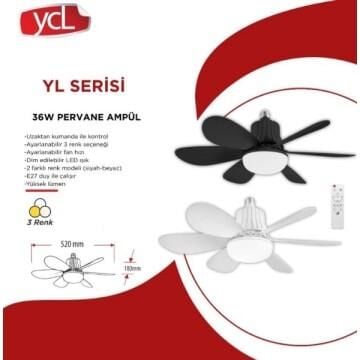 YCL YL-525 36 WATT LED PERVANE VANTİLATÖR FAN AMPUL E27 3 RENKLİ SİYAH KASA