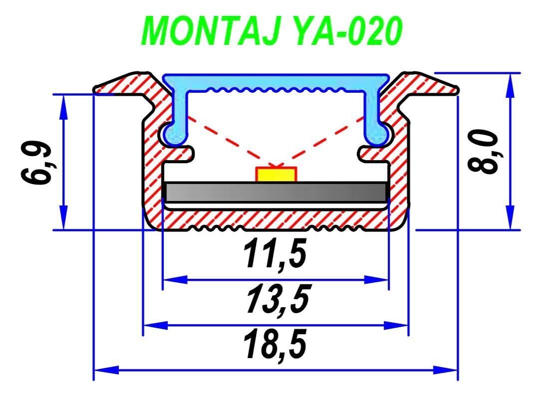 ALİMİNYUM LED PROFİL KASASI YA-020 C KASA+CAM DAHİL 255 CM 1 BOY  FİYATIDIR-YANAKLI