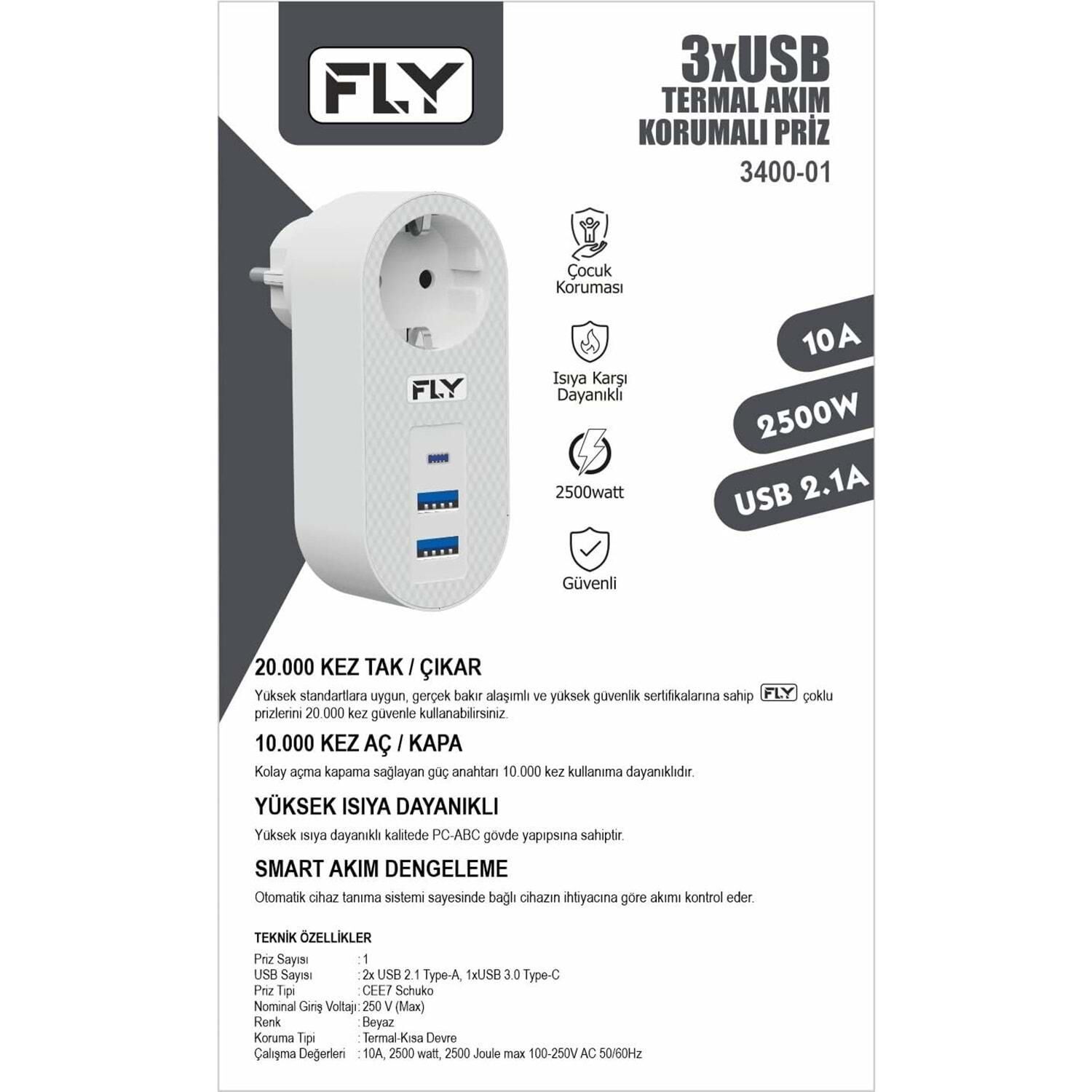 FLY-3400-01 Akım Korumalı.1 li Priz 2-Usba 1-C Soket 2.1A 10A 2500W