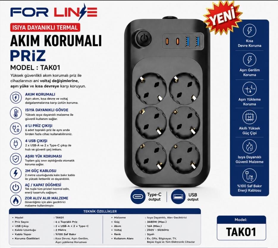 FORLİNE TAK01 6'LI 2MT 2TYPE-C+2USB ÇIKIŞLI AKIM KORUMALI GRUP PRİZ