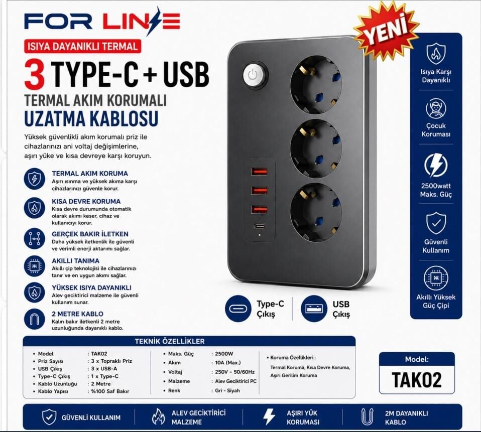 FORLİNE TAK02 3'LÜ 2MT 1TYPE-C+2USB ÇIKIŞLI AKIM KORUMALI GRUP PRİZ