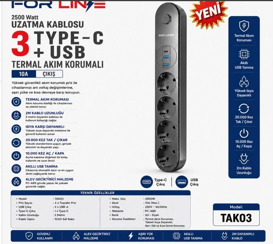 FORLİNE TAK03 4'LÜ 2MT 1TYPE-C+2USB ÇIKIŞLI AKIM KORUMALI GRUP PRİZ
