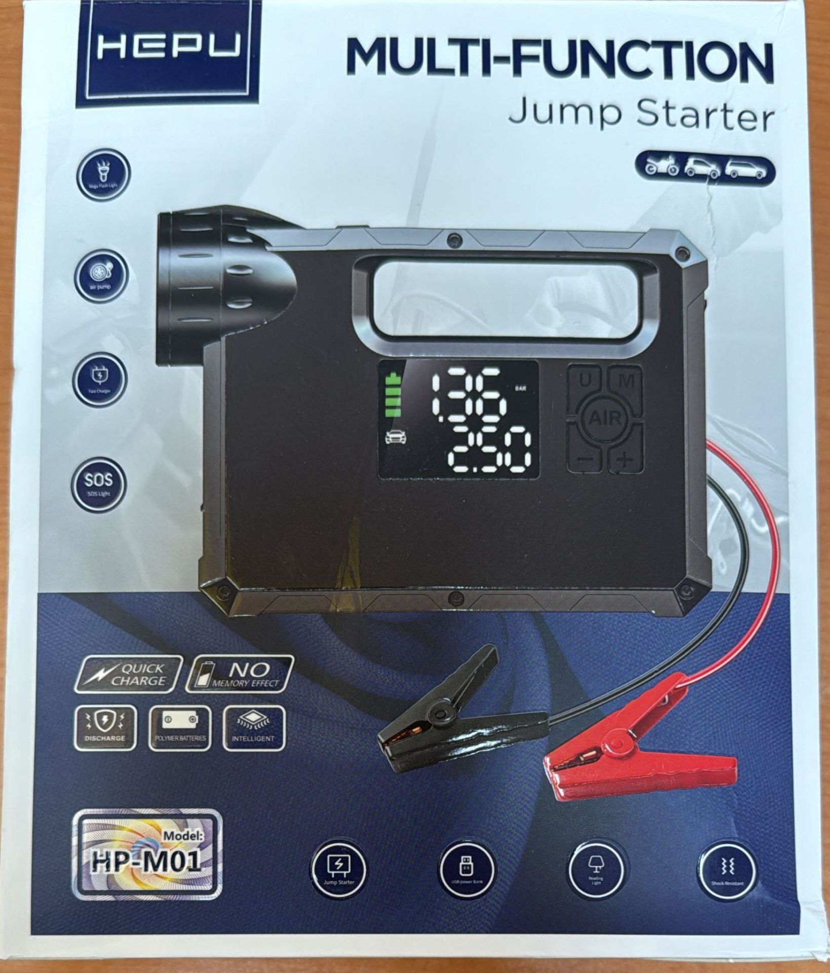 HEPU HP-M01 AKÜ TAKVİYE ŞOK CİHAZI + KOMPRESÖR + POWERBANK + EL FENERİ