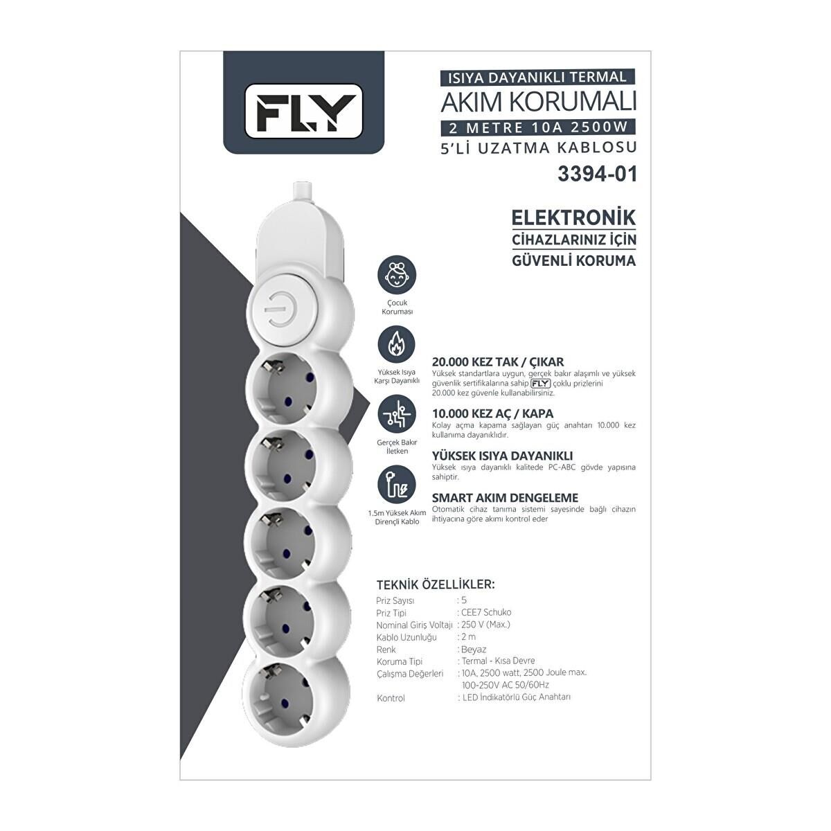 Fly 3394-01 5li 2mt Anahtarlı Akım Korumalı Priz 2500w