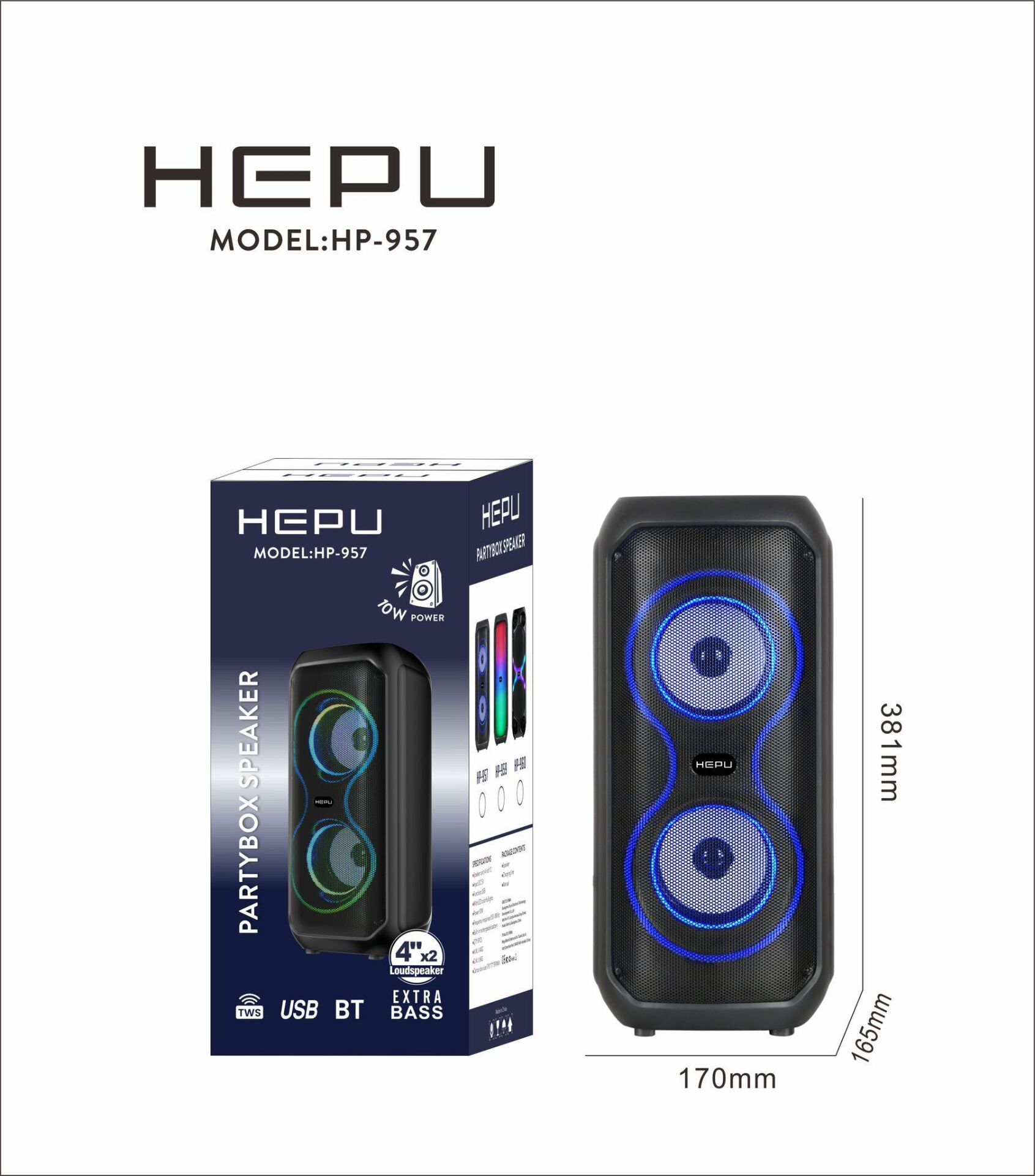 HEPU HP-957 RGB IŞIKLI 2X4''  2X10CM BLUETOOTH USB MÜZİK KUTUSU