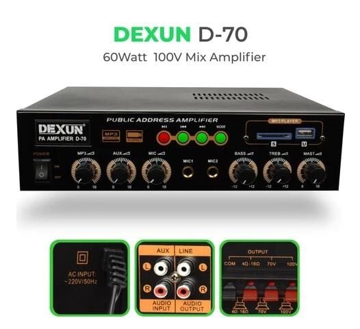 DEXUN D-70 USB+BT 2 MİKROFON+AUX GİRİŞLİ BAS TİZ 60 WATT TRAFOLU ANFİ