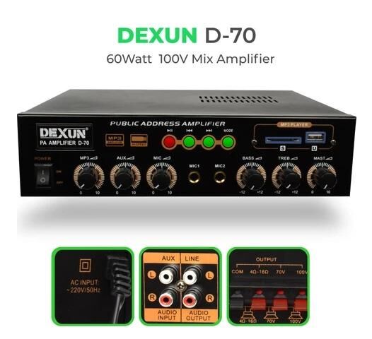 DEXUN D-70 USB+BT 2 MİKROFON+AUX GİRİŞLİ BAS TİZ 60 WATT TRAFOLU ANFİ