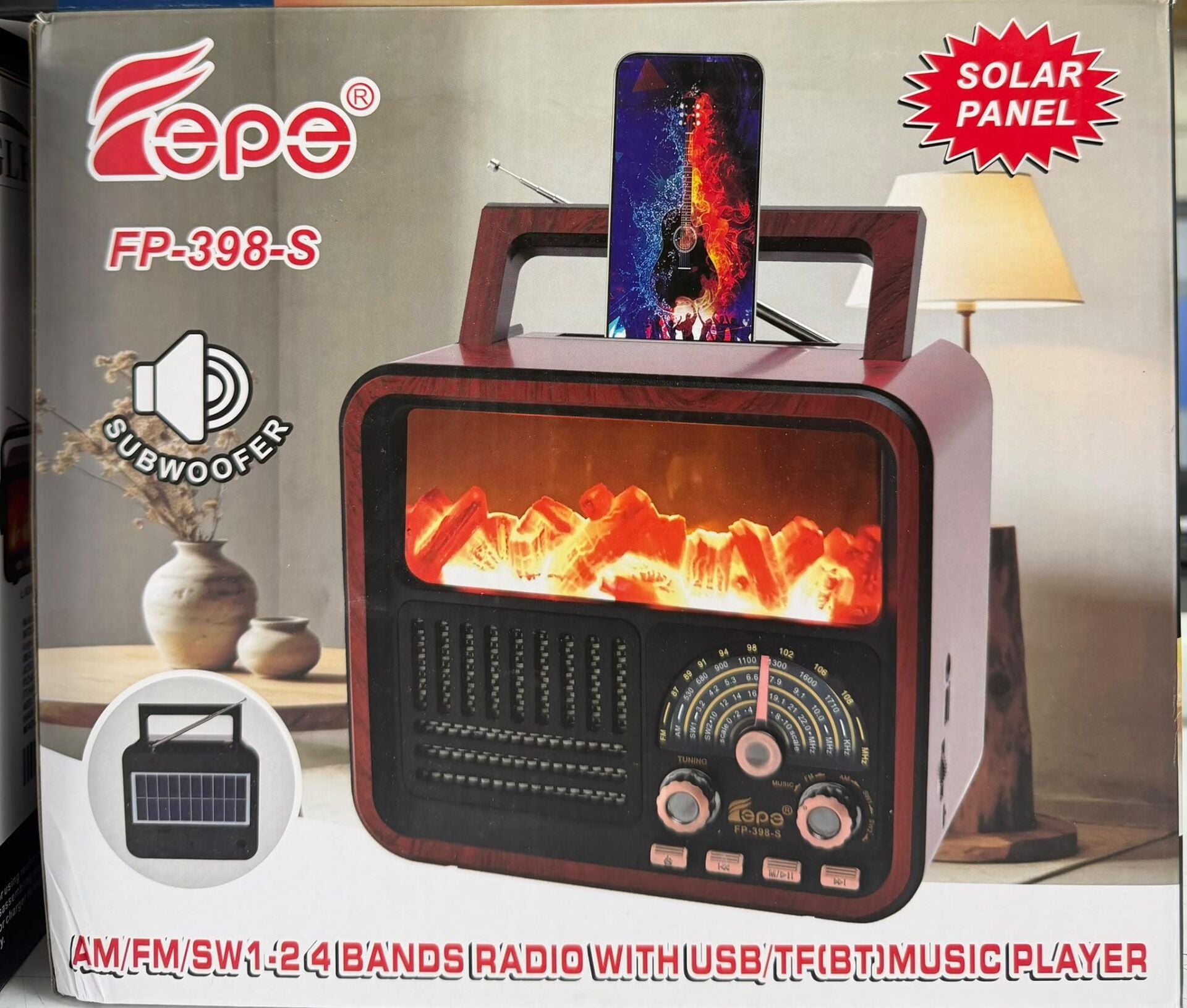 FEPE FP-398S Solar Güneş Panelli Şömineli - Bluetooth - Usb - Şarjlı Nostaljik Radyo