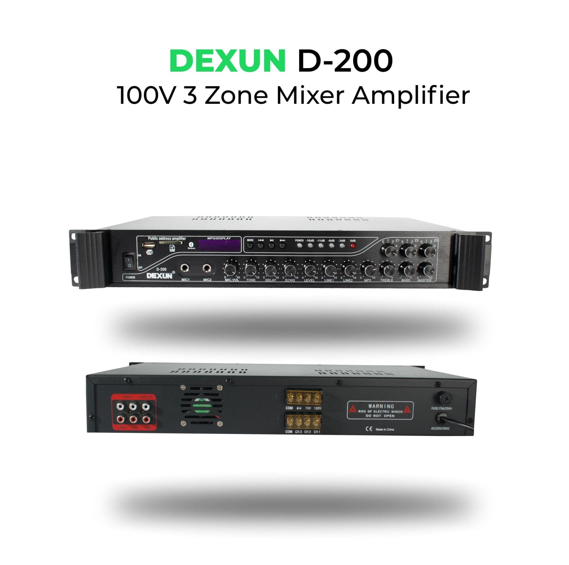 DEXUN D-200-USB+BT 2 MİKROFON+AUX GİRİŞLİ BAS TİZ 200 WATT 3 BÖLGELİ TRAFOLU ANFİ