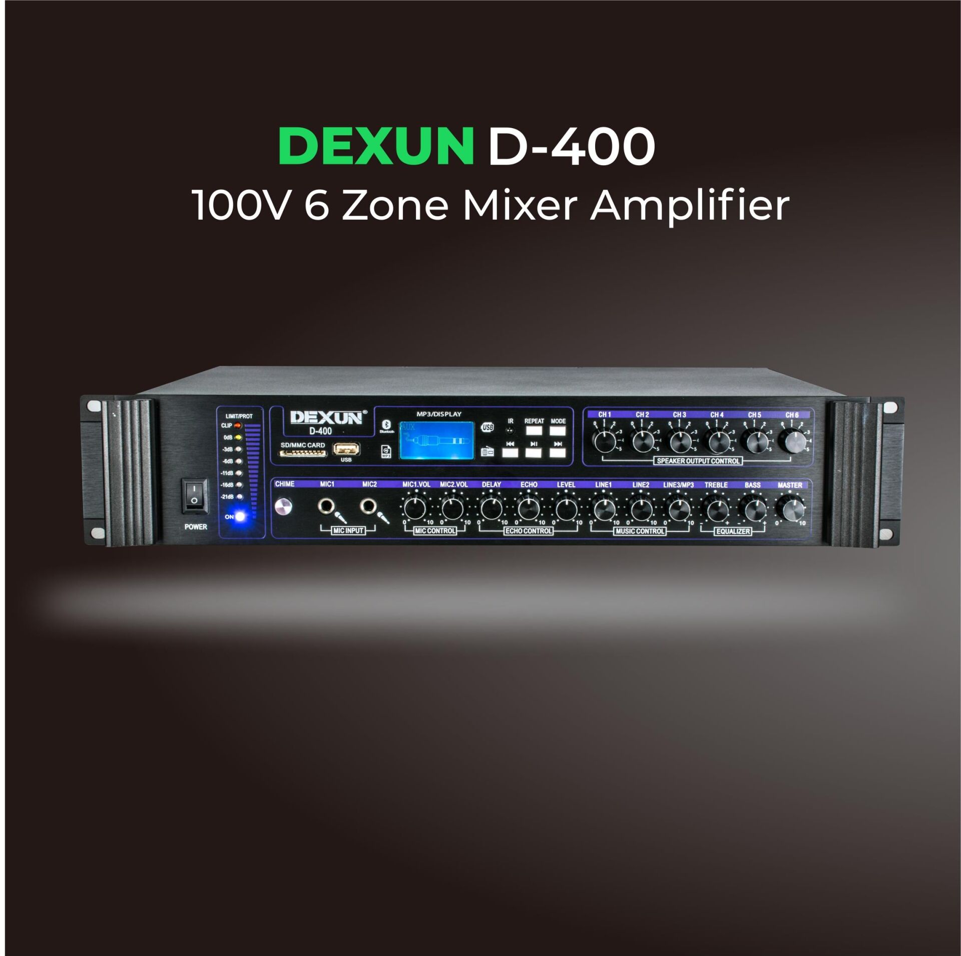 DEXUN D-400-250-500-W-BT-USB- HAT TRAFOLU 6 BÖLGELİ ANFİ