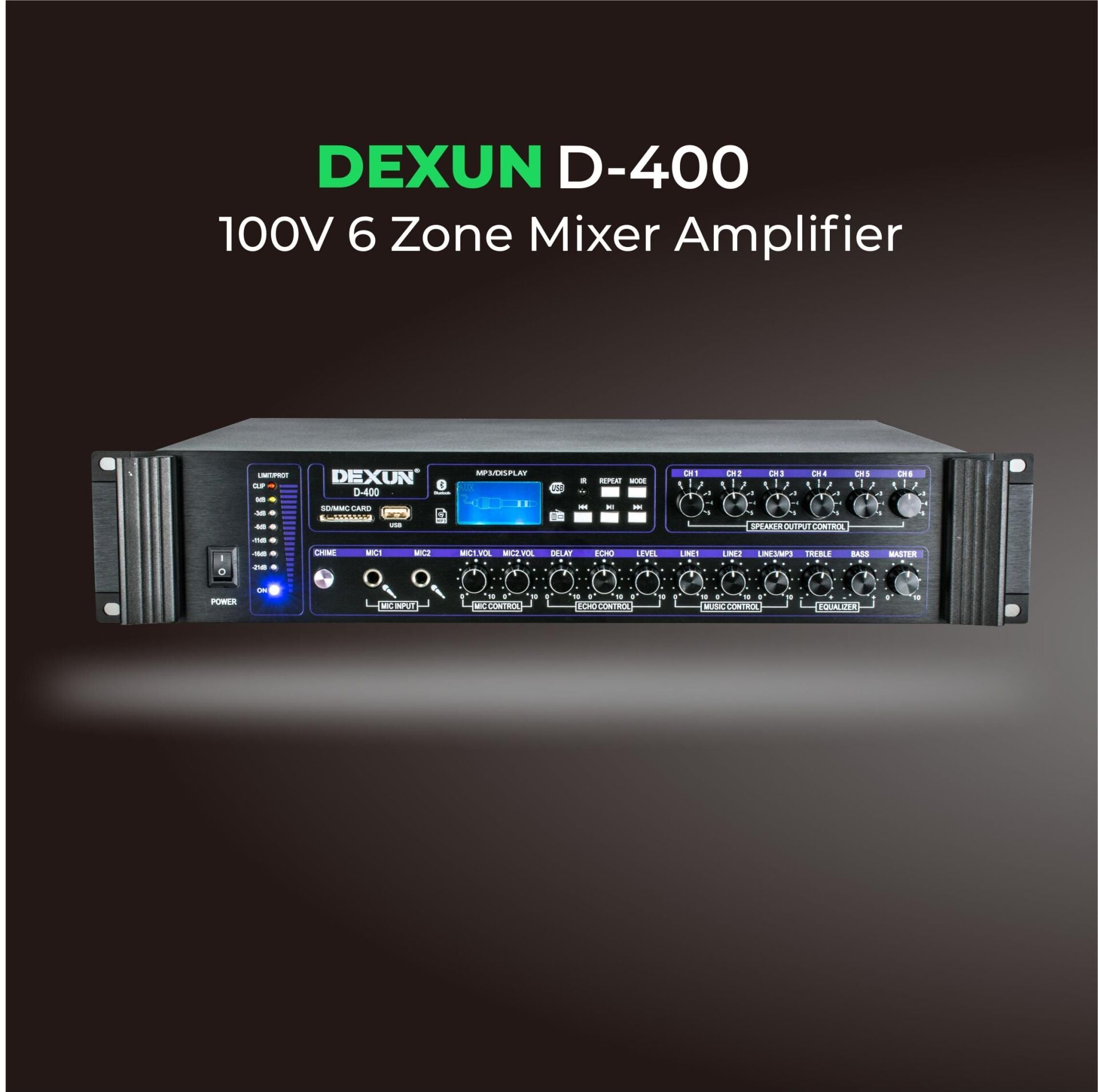 DEXUN D-400-USB+BT 2 MİKROFON+AUX GİRİŞLİ BAS TİZ 500 WATT 6 BÖLGELİ TRAFOLU ANFİ