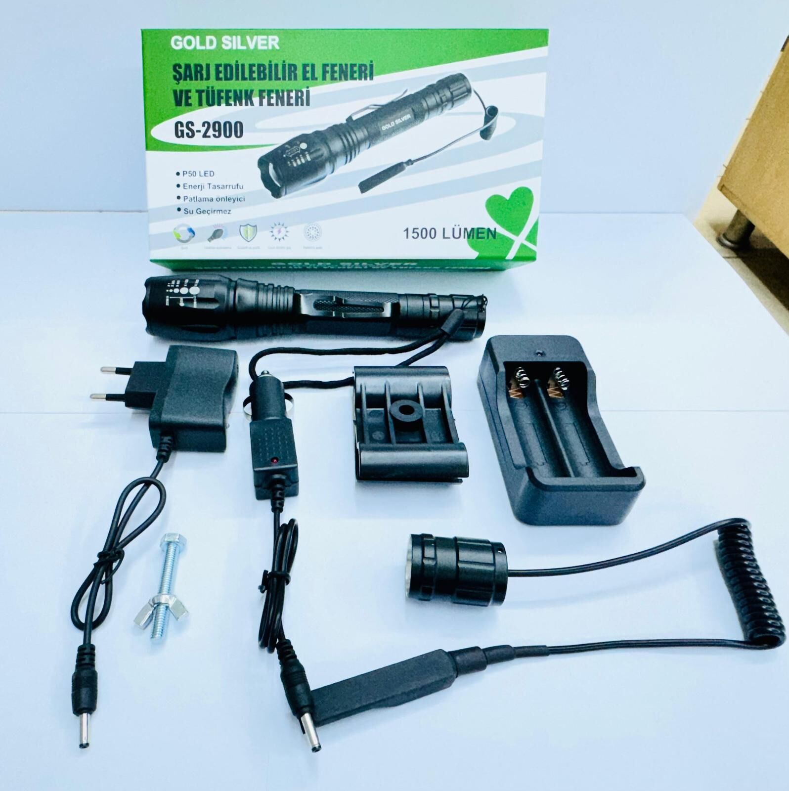 GOLDSILVER GS-2900 1500 LÜMEN 3RENK CAM ZOOM LİTYUM PİL ŞARJLI TÜFEK FENERİ