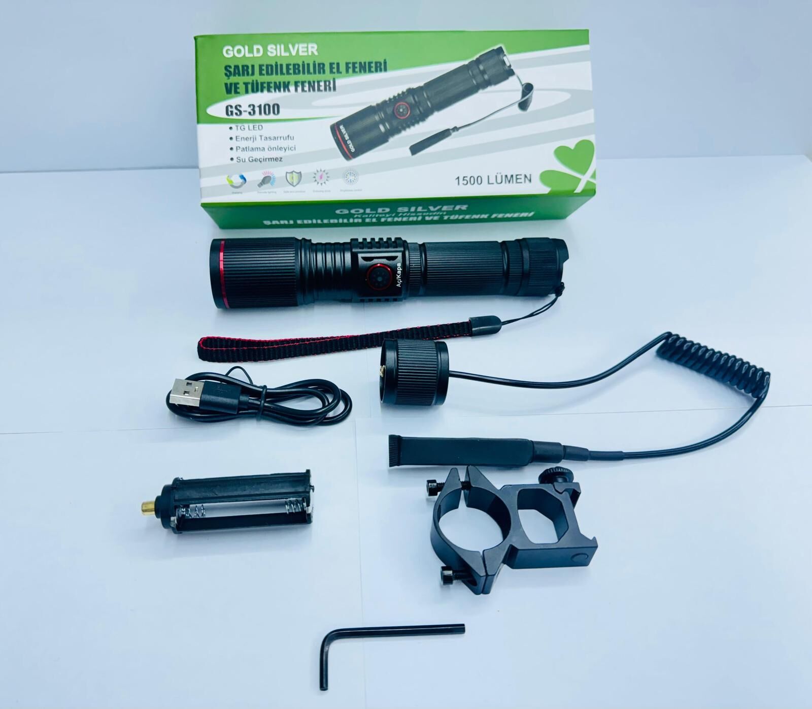 GOLDSILVER GS-3100 1500 LUMEN ZOOM LİTYUM PİL ŞARJLI TÜFEK FENERİ