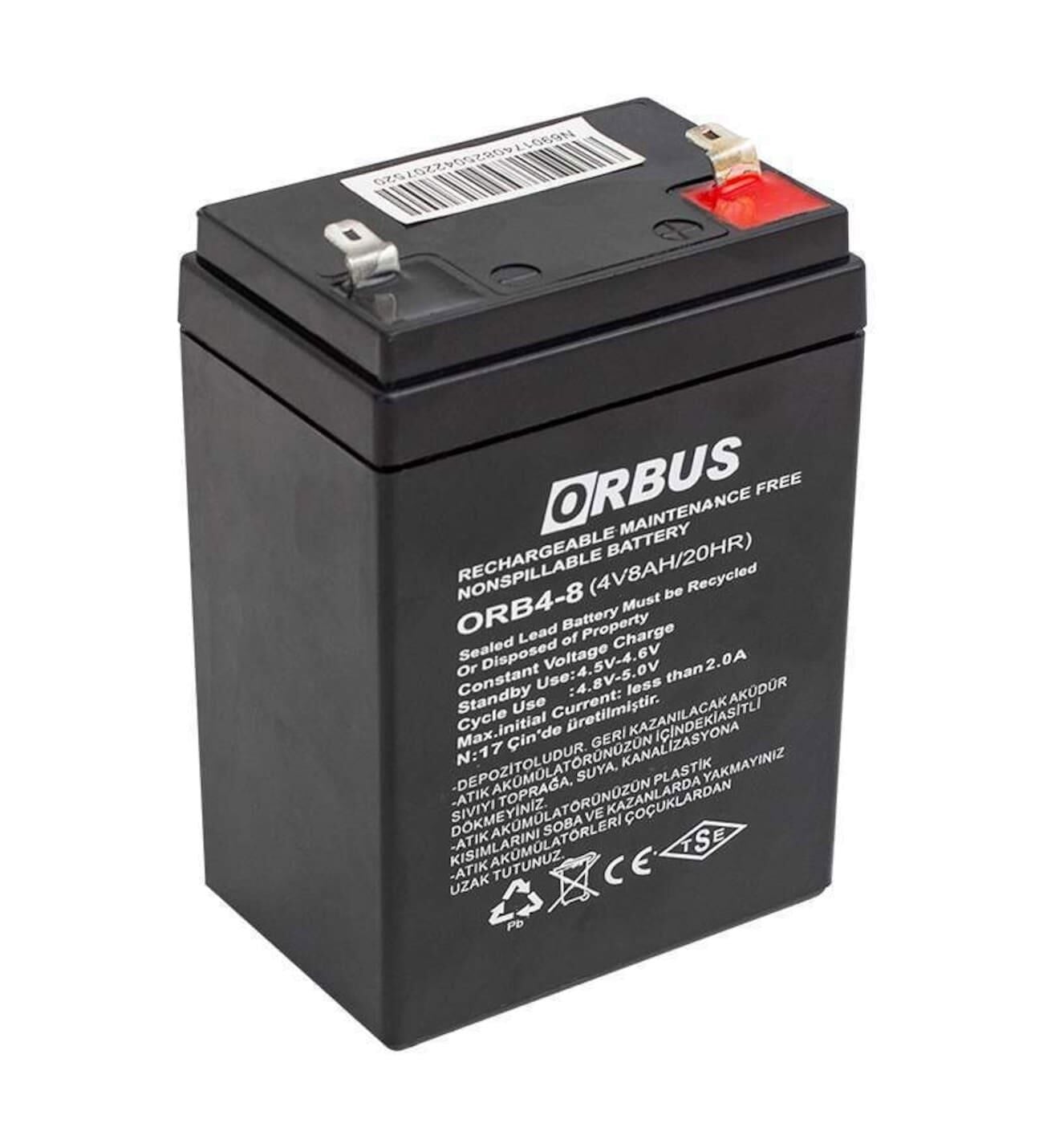 4 VOLT 8 AMPER AKÜ ORBUS-ÖLÇÜLER 70*48*101 mm.0,66 kg