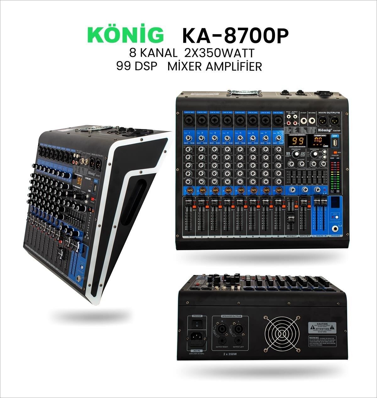 KÖNİG KA-8700P 2X350WATT USB-BT Ekoleyzer700 WATT  8 KANAL POWER MİXER
