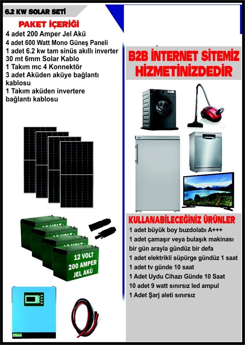 SOLAR 6.2 KW SET- 2400WATT PANEL - 800 AMPER JEL AKÜ - 6200WATT TAM SİNÜS AKILLI İNVERTER