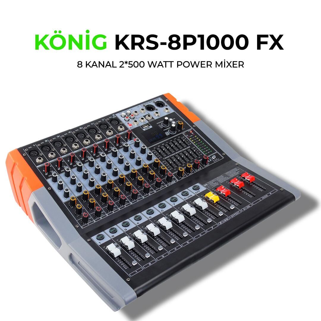 KÖNİG KRS-8 P1000FX 2X500W USB+BT+Ekoleyzer 8 KANAL POWER MİXER