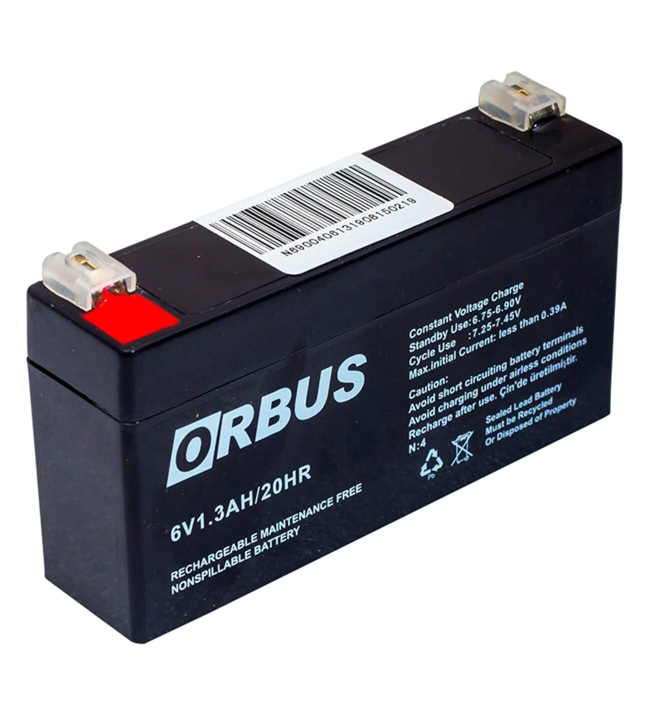 6 VOLT 1.3 AMPER YATAY AKÜ ORBUS-ÖLÇÜLER 98*25*52 mm.0,27 kg.