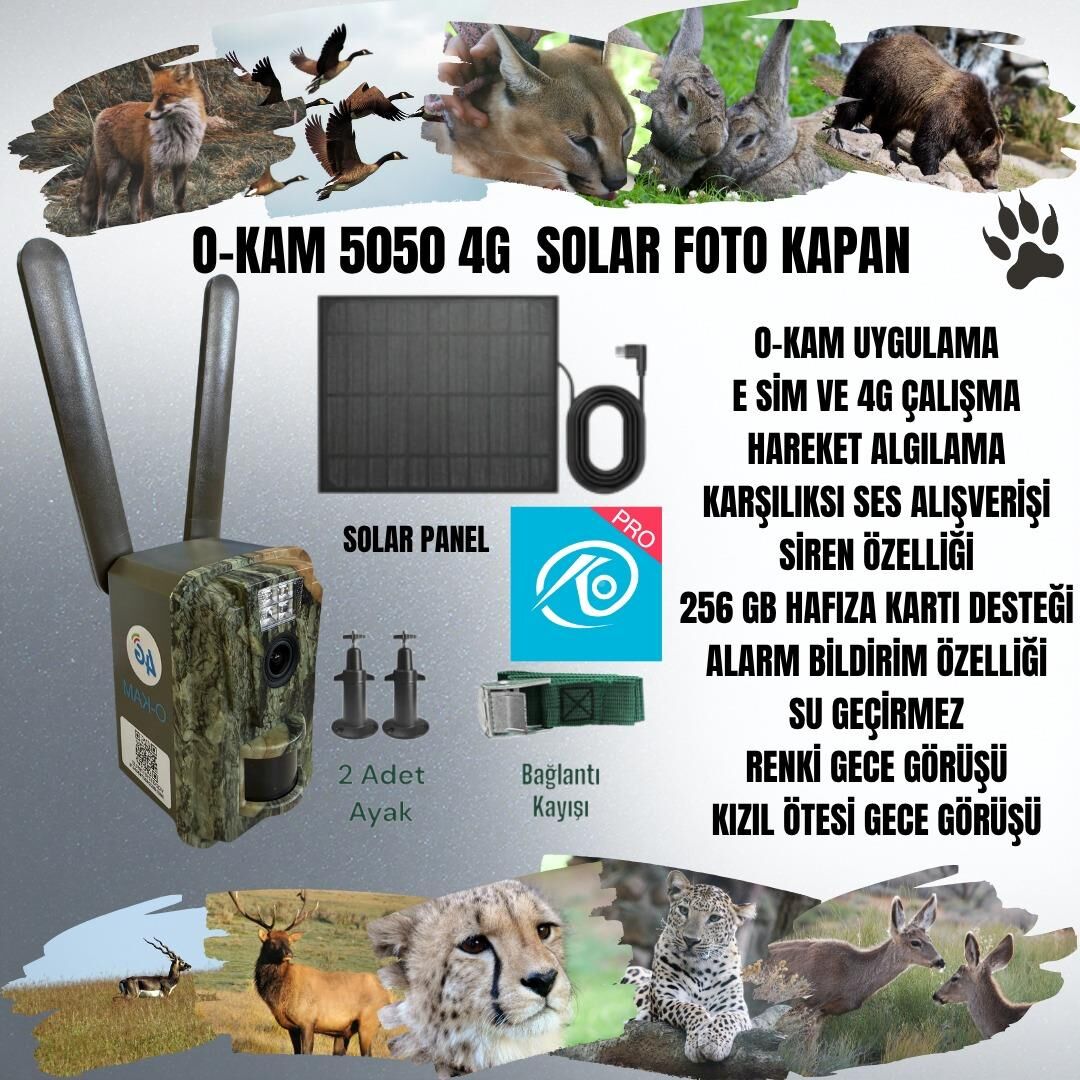 O-KAM 5050 4G SİM KARTLI SOLAR GÜNEŞ PANELLİ ŞARJLI FOTOKAPAN