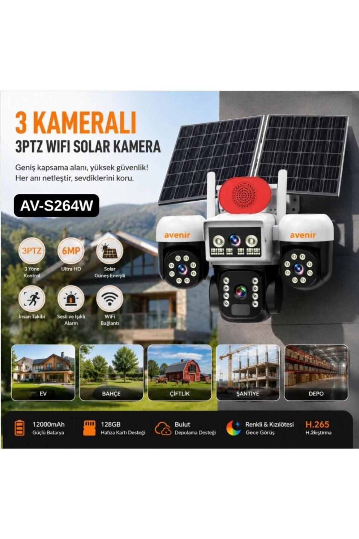 AVENİR AV-S264W 3 Kameralı 3PTZ WİFİ Solar Güneş Panelli 6MP PTZ Kamera
