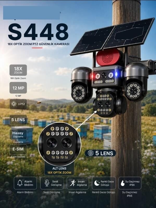AVENİR AV-S448 4 Kameralı 3PTZ 18X Optic Zoom Kamera 4G  Solar Panelli Sokak Lambası