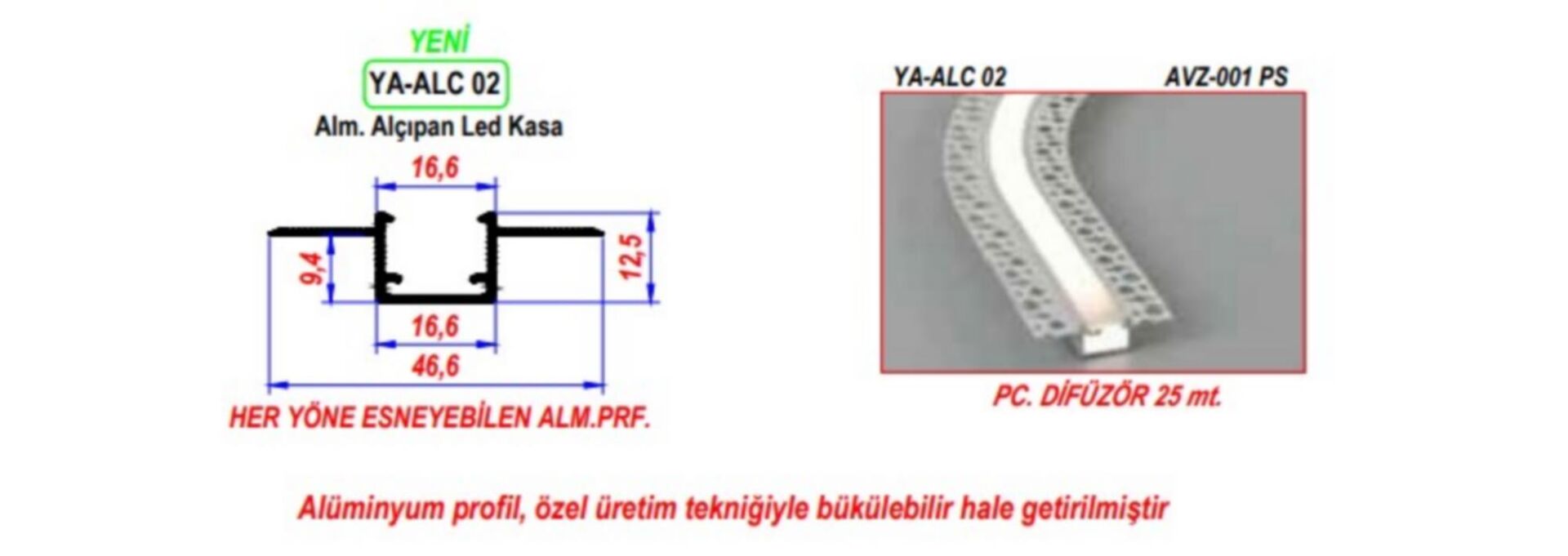 ALÇIPAN LED PROFİL KASASI HARAKETLİ CAM DAHİL YA-ALC 02-305 CM 1 BOY FİYATIDIR