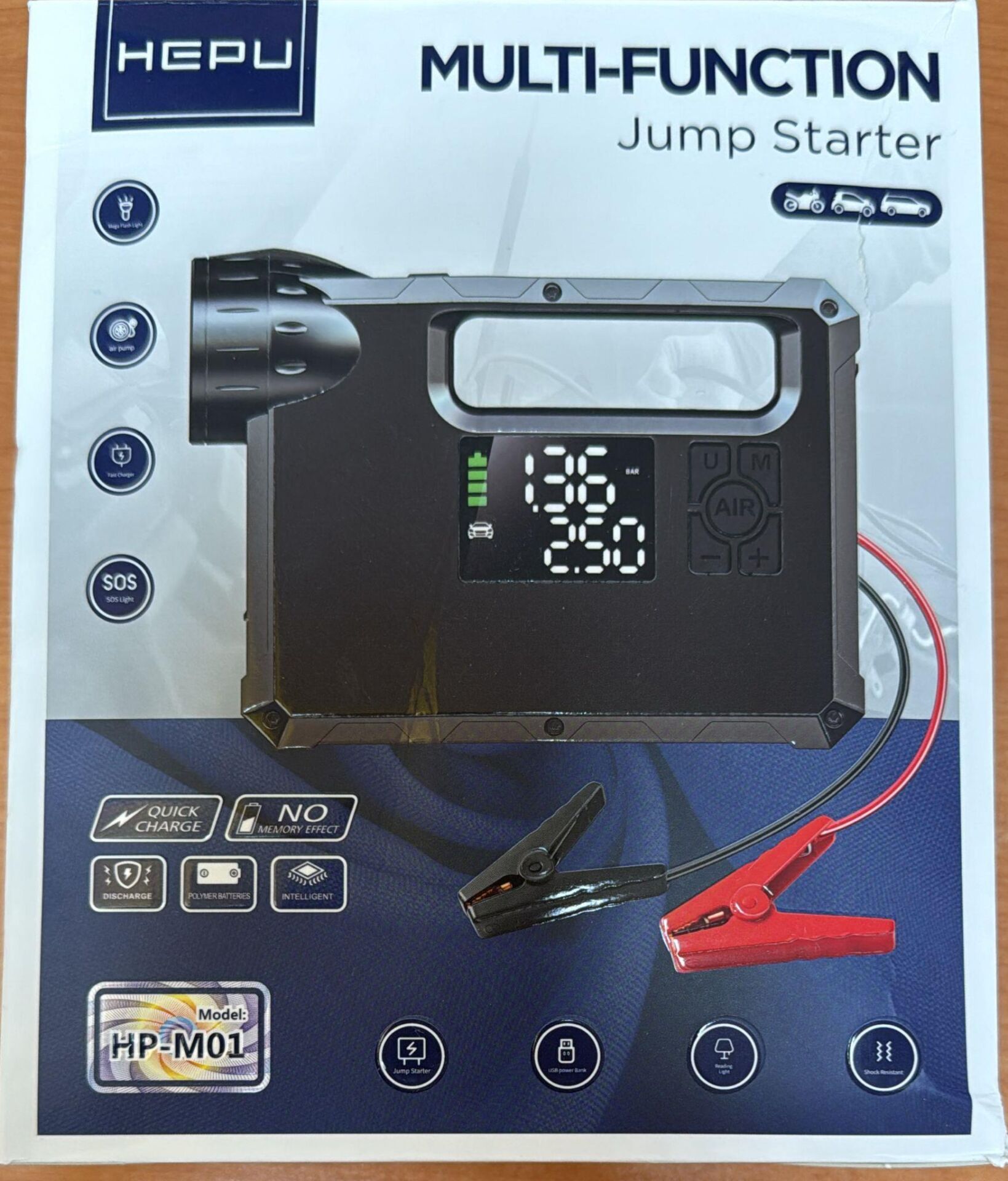 HEPU HP-M01 AKÜ TAKVİYE ŞOK CİHAZI + KOMPRESÖR + POWERBANK + EL FENERİ