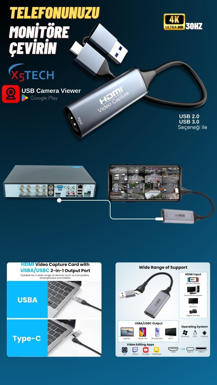 HADRON HDX7856 Type-C USB 3.0 HDMI Video Capture Kartı 4K 30 Hz Gri