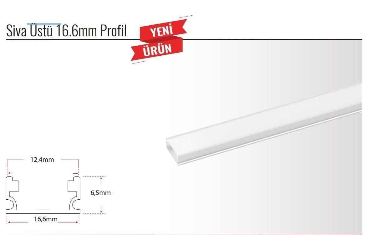 BAR LED KANALI-16.6*6.5*12.4 SIVA ÜSTÜ ALİMİNYUM DÜZ TİP KAPAK DAHİL 1 BOY 2 mt FİYATIDIR